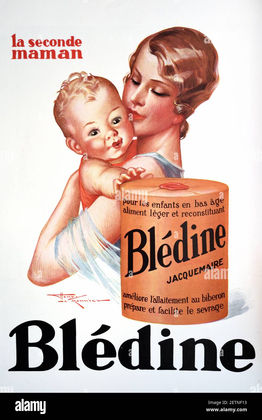 Vintage-Anzeige, Werbung oder Werbung für Blédine Babynahrung oder Säuglingsnahrung zeigt 30-er-Frau mit Bob Cut und Happy-Looking Baby 1931 Stockfoto