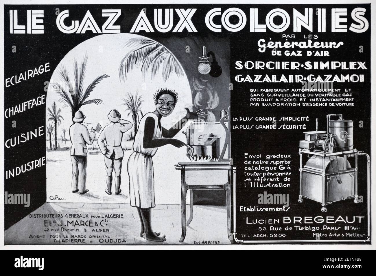 Vintage-Werbung, Werbung oder Werbung für einen frühen Gasherd oder Gasherd in einer französischen Kolonie in Afrika mit zwei französischen Kolonials in Kolonialkleidung und African Cook 1931 Stockfoto