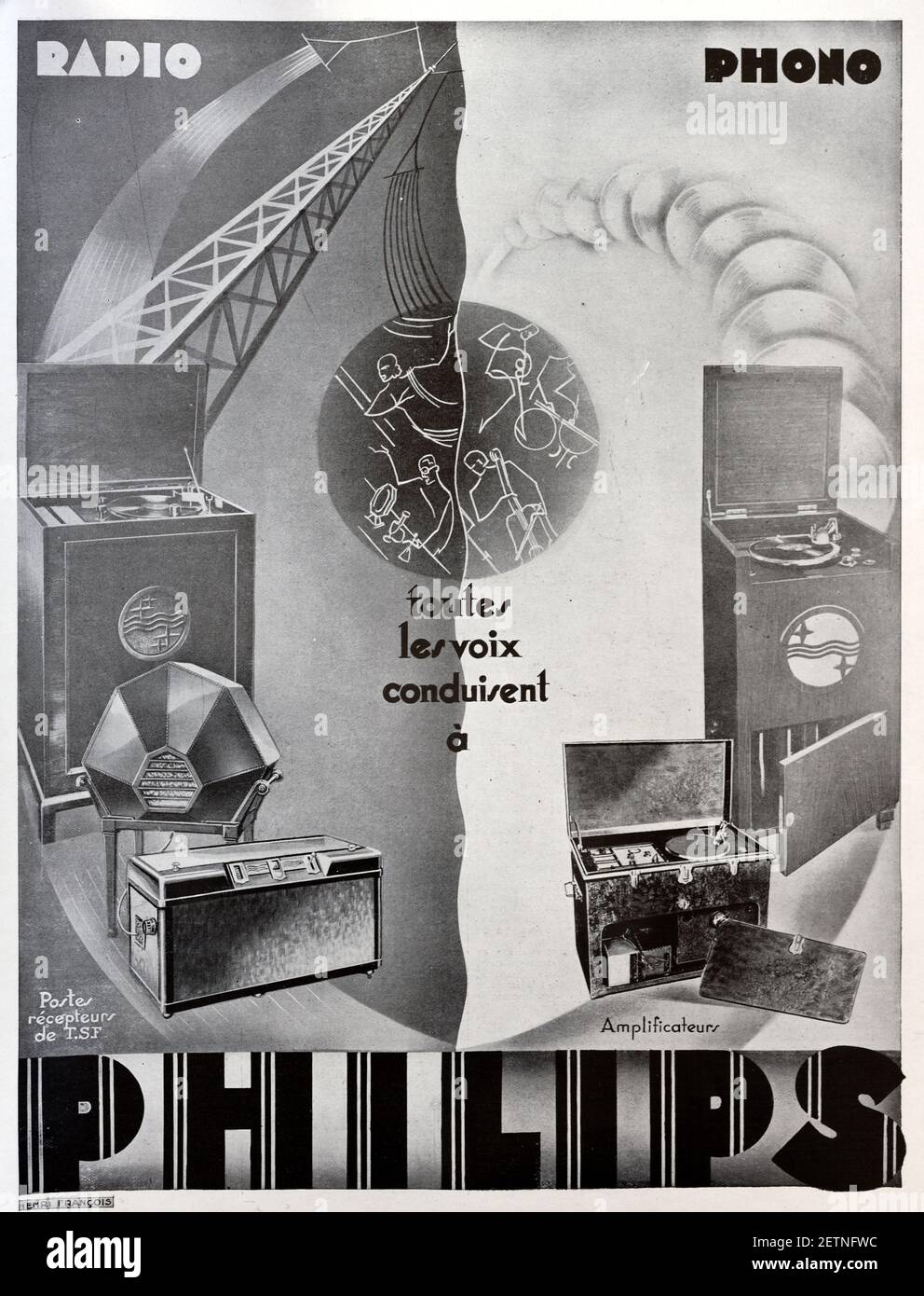 Vintage-Werbung, Werbung oder Werbung für Philips Gramophone-Spieler oder Plattenspieler und Radio 1931. Stockfoto