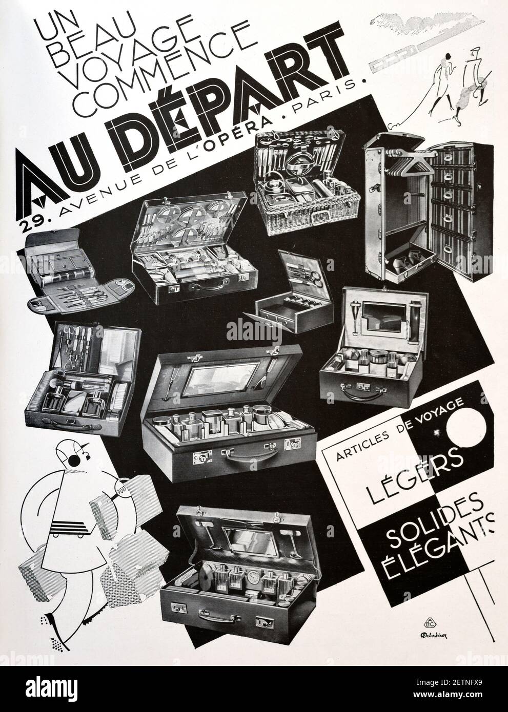 Vintage-Werbung, Werbung oder Werbung für Luxusartikel Shop oder Geschäft Verkauf Ledergepäck, Trunks und Koffer Paris Frankreich 1931 Stockfoto