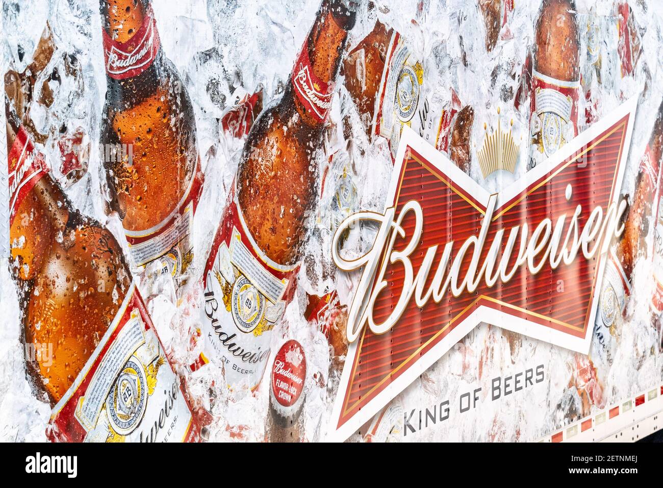 Budweiser Werbung auf der Seite eines LKWs Stockfoto