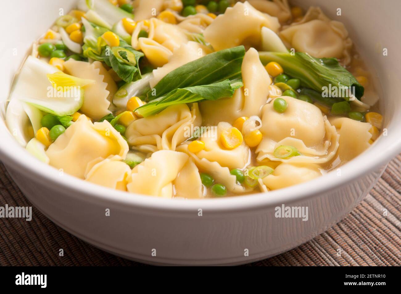 Tortellini-Suppe mit Hühnchen und Käse und Gemüse Stockfoto