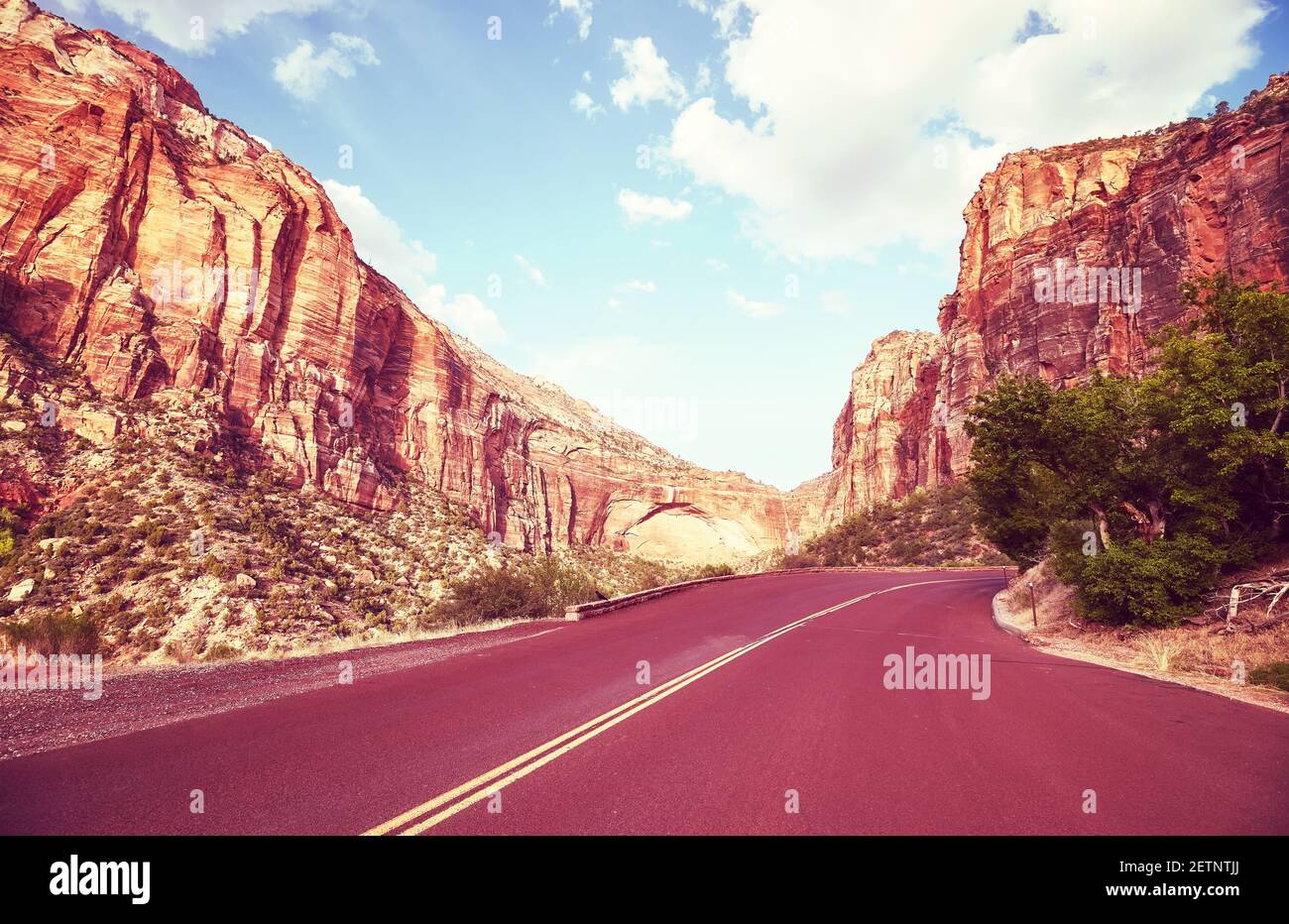 Szenische Fahrt im Zion National Park, Farbtonung angewendet, Utah, USA. Stockfoto