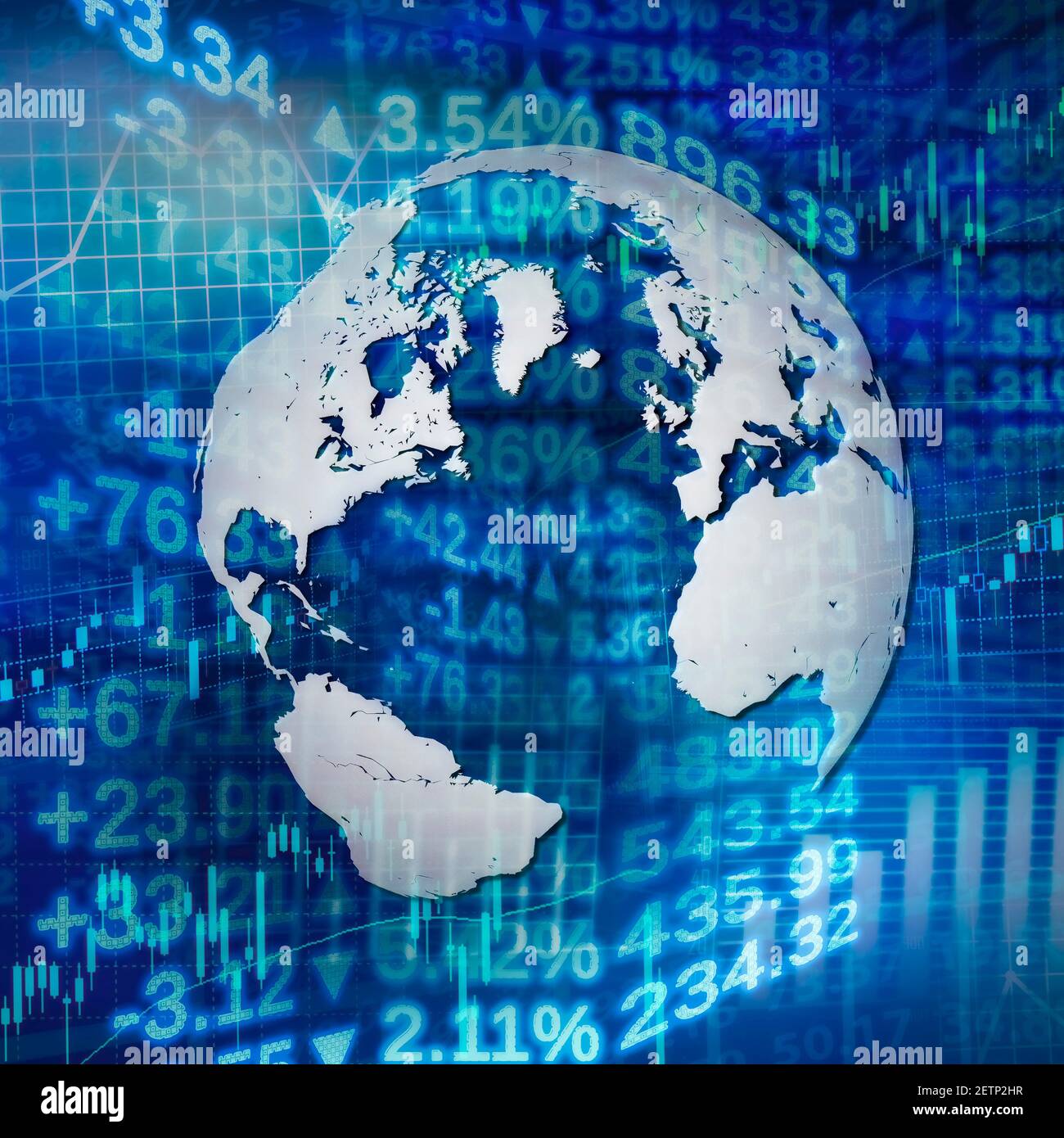Globus vor blauem Hintergrund mit Kurstabellen und Grafiken Stockfoto