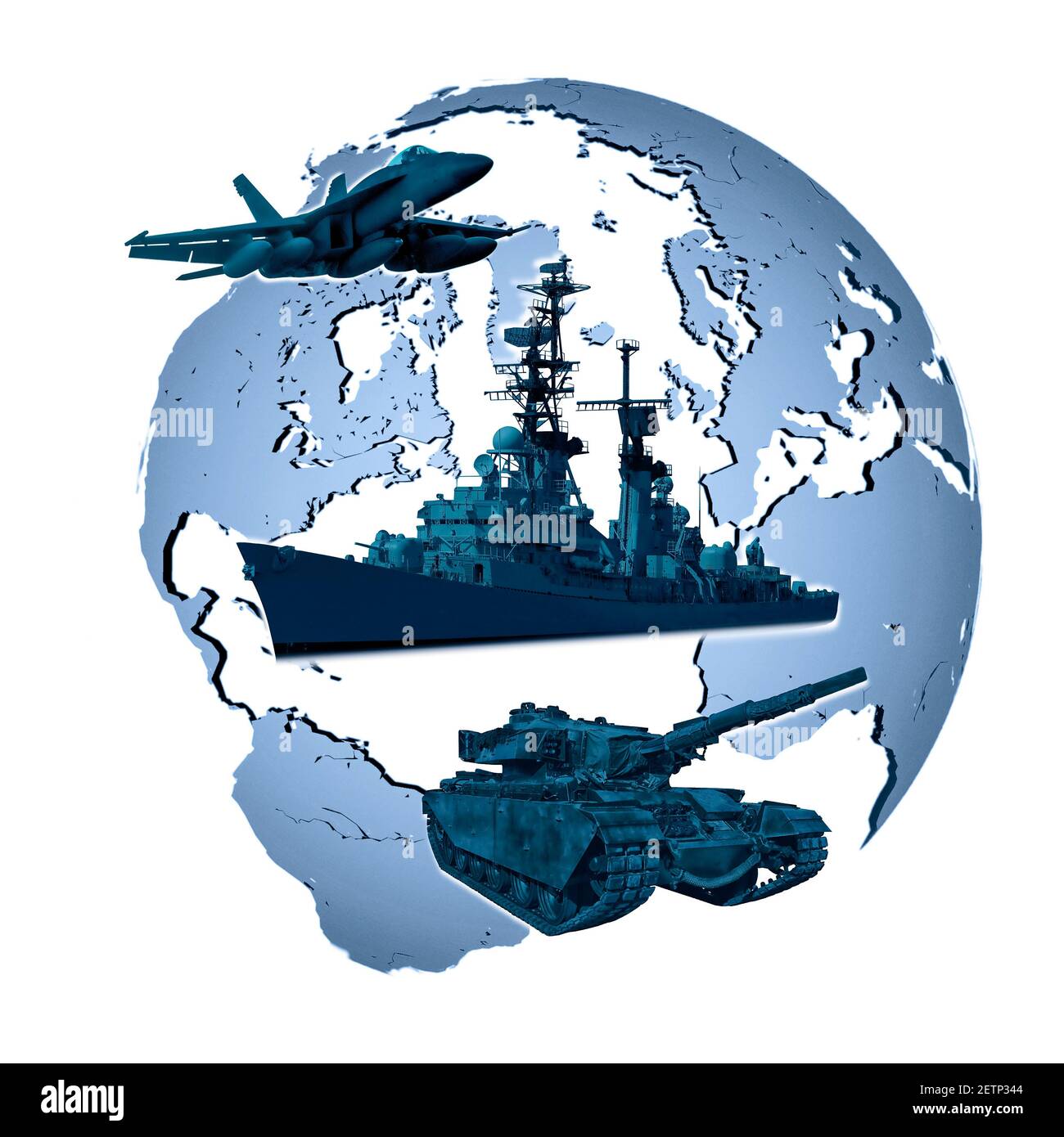 Kampfflugzeug, Schlachtschiff und Panzer vor einem Globus Stockfoto