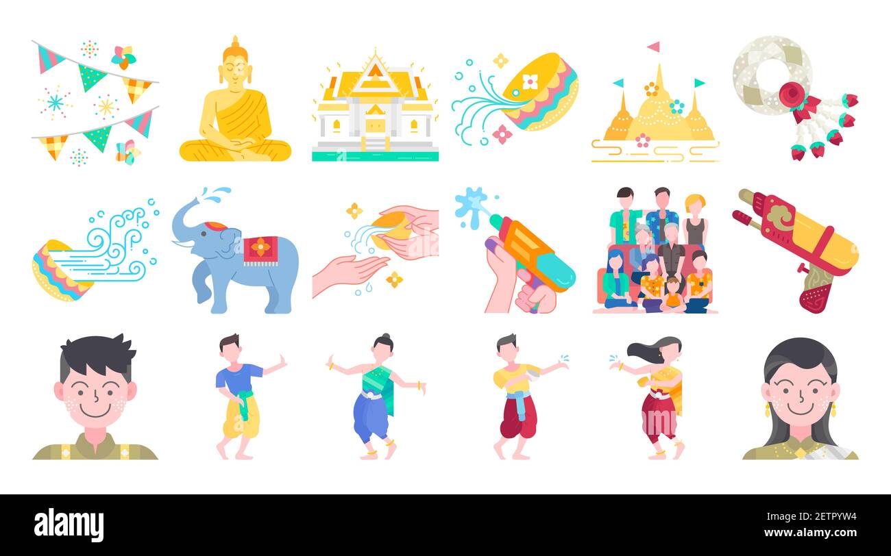 Songkran thailand Festival flaches Design Icon Set. Thailändisches Wasser plantschen festlichen Tag, thai Tanz traditionell und kulturell. Bunte Vektor und illustrative Stock Vektor
