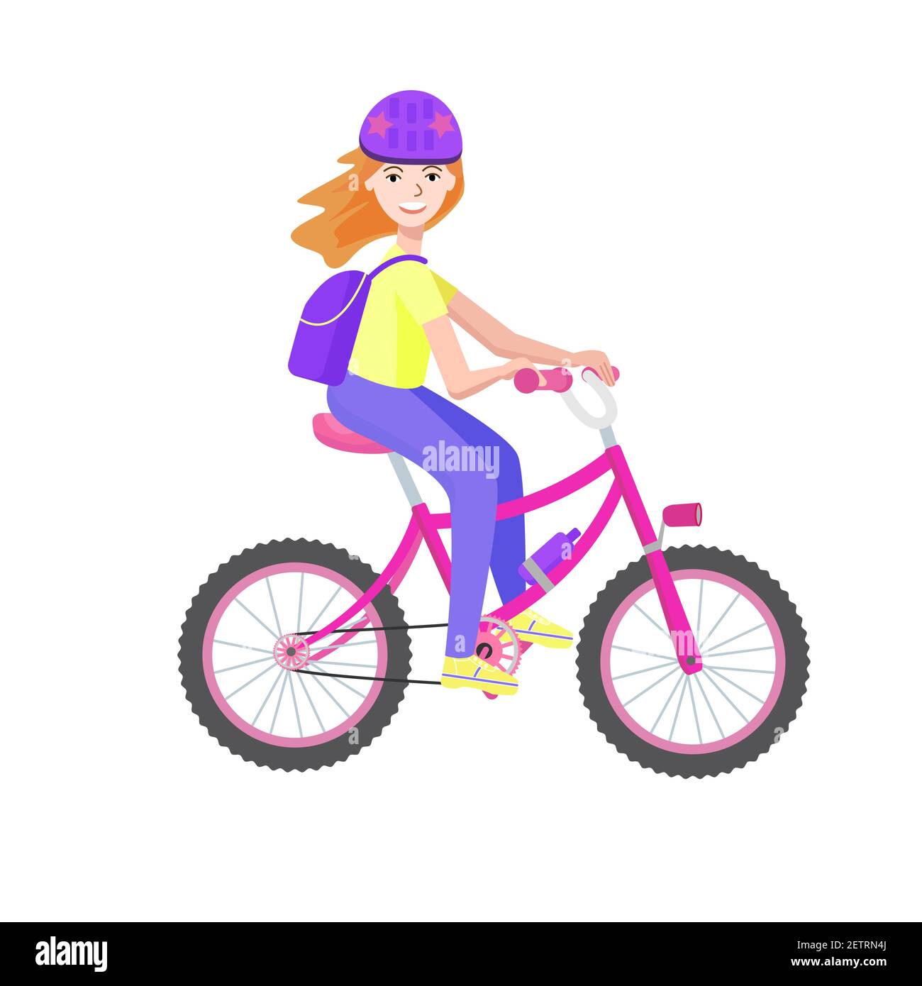 Glückliches Mädchen reitet ein Fahrrad trägt einen Helm. Cartoon Vektorgrafik. Stock Vektor