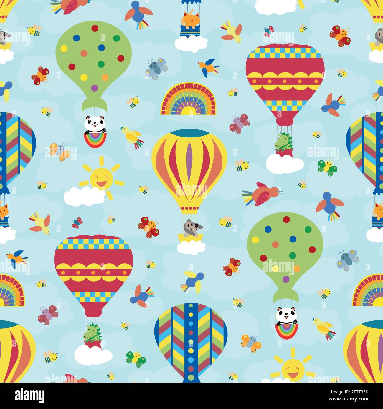 Cute Kawaii Panda Reisen in Heißluftballons nahtlose Vektor-Muster Hintergrund. Helle mehrfarbige Kulisse mit Cartoon-Bären., Sonne, Schmetterlinge Stock Vektor