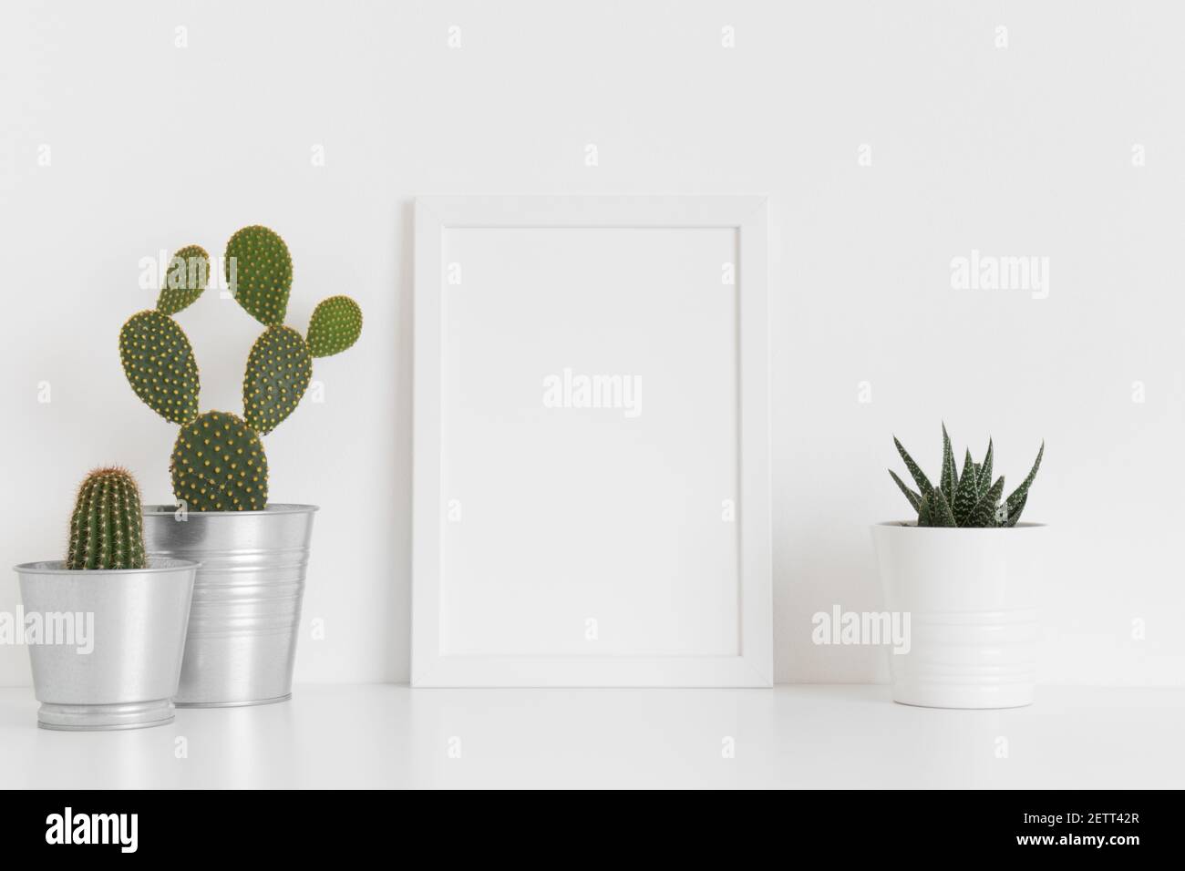 Weißer Rahmen Mockup mit verschiedenen Arten von Kaktus und einer saftigen Pflanze auf einem weißen Tisch. Hochformat. Stockfoto
