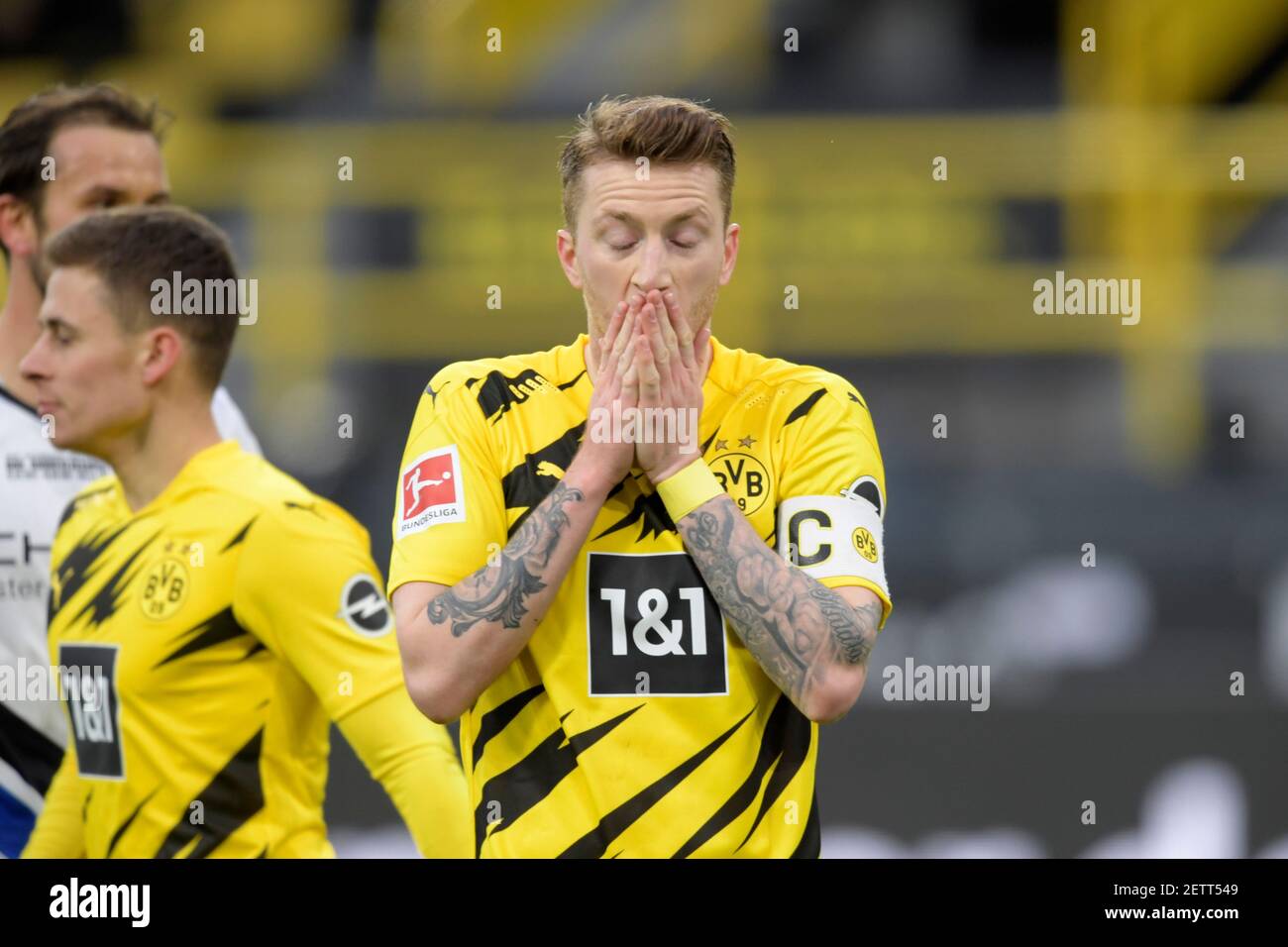 Marco REUS (DO), enttäuscht, enttäuscht, enttäuscht, enttäuscht, enttäuscht Fußball 1. Bundesliga, Spieltag 23rd, Borussia Dortmund (DO) - Arminia Bielefeld (BI) 3: 0, am 02.27.2021 in Dortmund. Foto: Anke Waelischmiller / SVEN SIMON / POOL # die DFL-Vorschriften verbieten die Verwendung von Fotografien als Bildsequenzen und/oder quasi-Video # nur zur redaktionellen Verwendung # Nationale und Internationale Nachrichtenagenturen OUT ¬ Nutzung weltweit Stockfoto