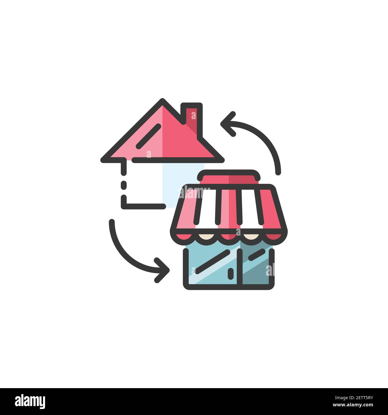 Haus und Geschäft. Home Shopping-Konzept. Ausgefülltes Farbsymbol. Isolierte Commerce-Vektor-Illustration Stock Vektor