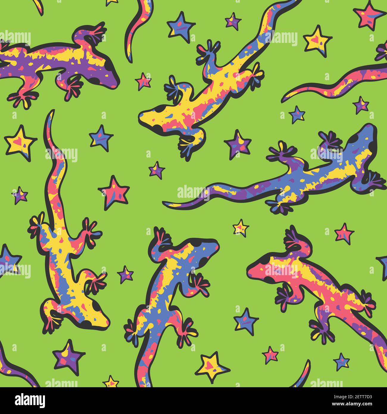 Nahtloses Vektormuster mit Eidechsen und Sternen auf grünem Hintergrund. Niedliche Tier Tapete Design für Kinder. Fun Gecko Mode Textil. Stock Vektor