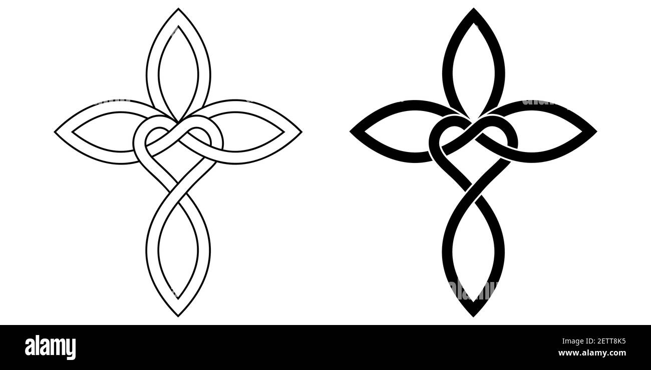 Zeichen der unendlichen Liebe zu Gott, Herz mit Infinity-Symbol und Kreuz, Vektor-Tattoo-Logo Liebe und Glauben an Gott, kalligraphisches Kreuz Stock Vektor