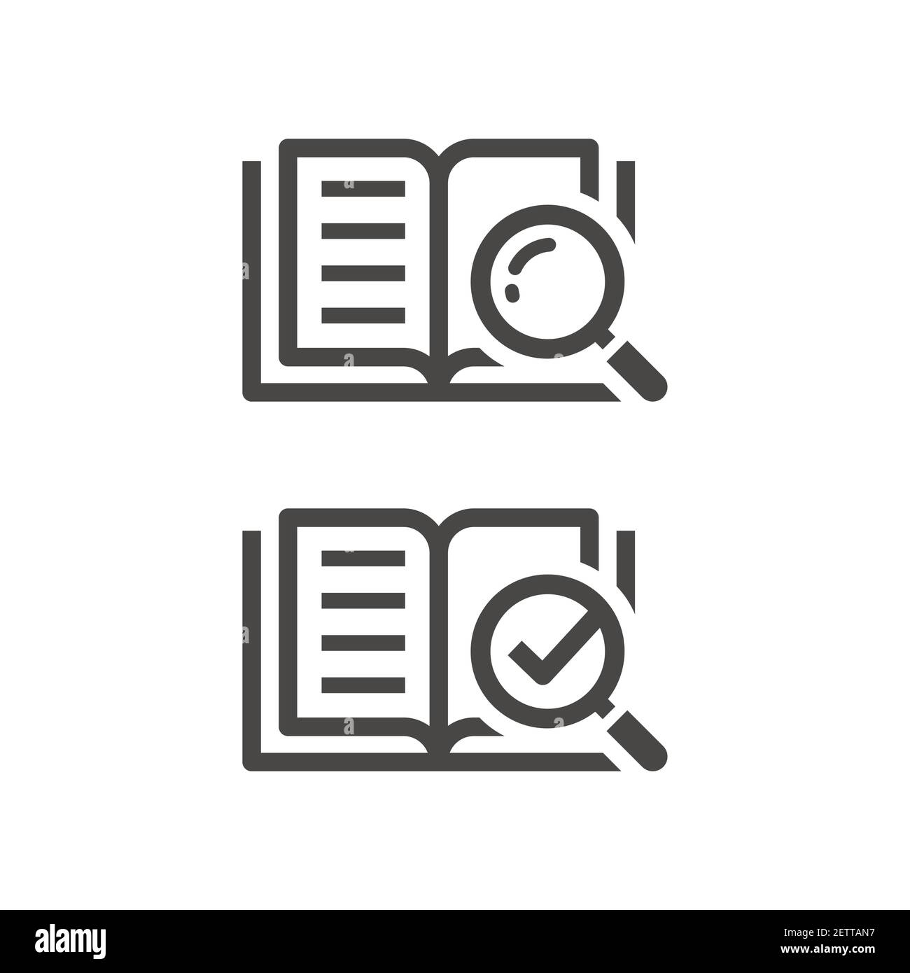 Öffnen Sie das Buch mit Lupe und Häkchen. Handbuch, Anleitung und Informationssuchsymbol mit Lupe und Häkchen. Stock Vektor