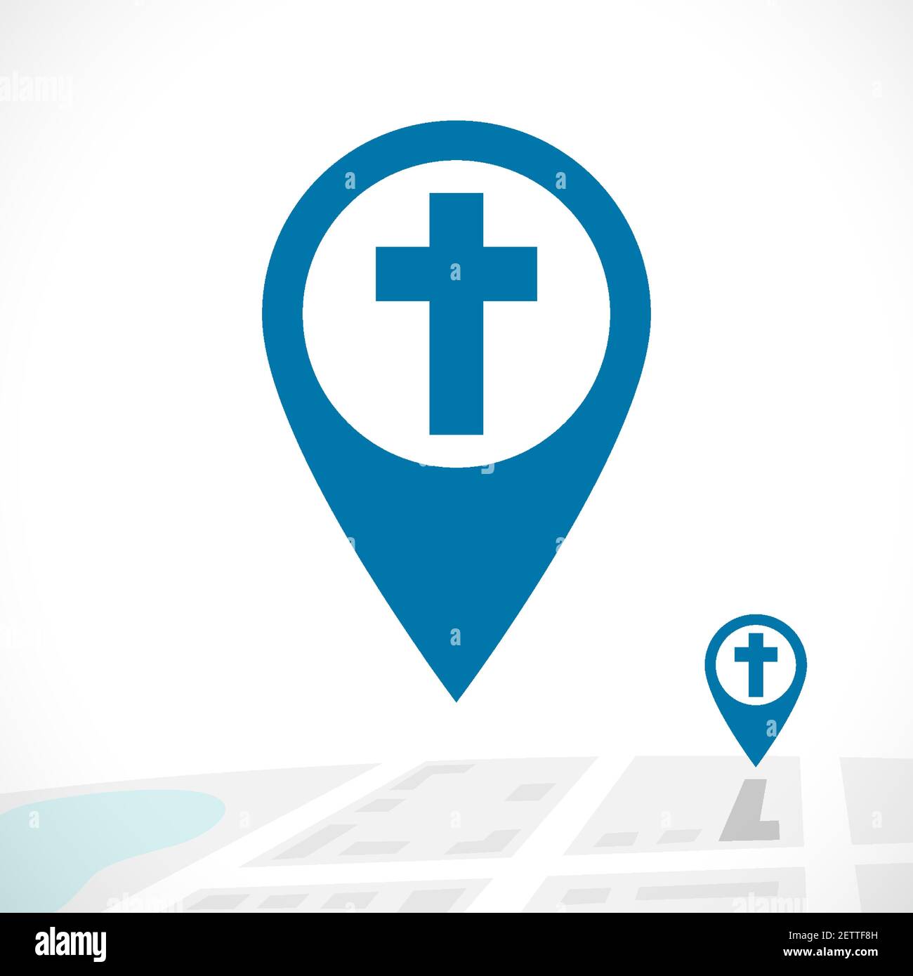 Christian Pin Symbol. GPS-Navigation mit Kreuzsymbol auf 3D Kartenkonzept. Ortslogo für religiöse Veranstaltungen. Isolierte abstrakte Grafik Design templ Stock Vektor