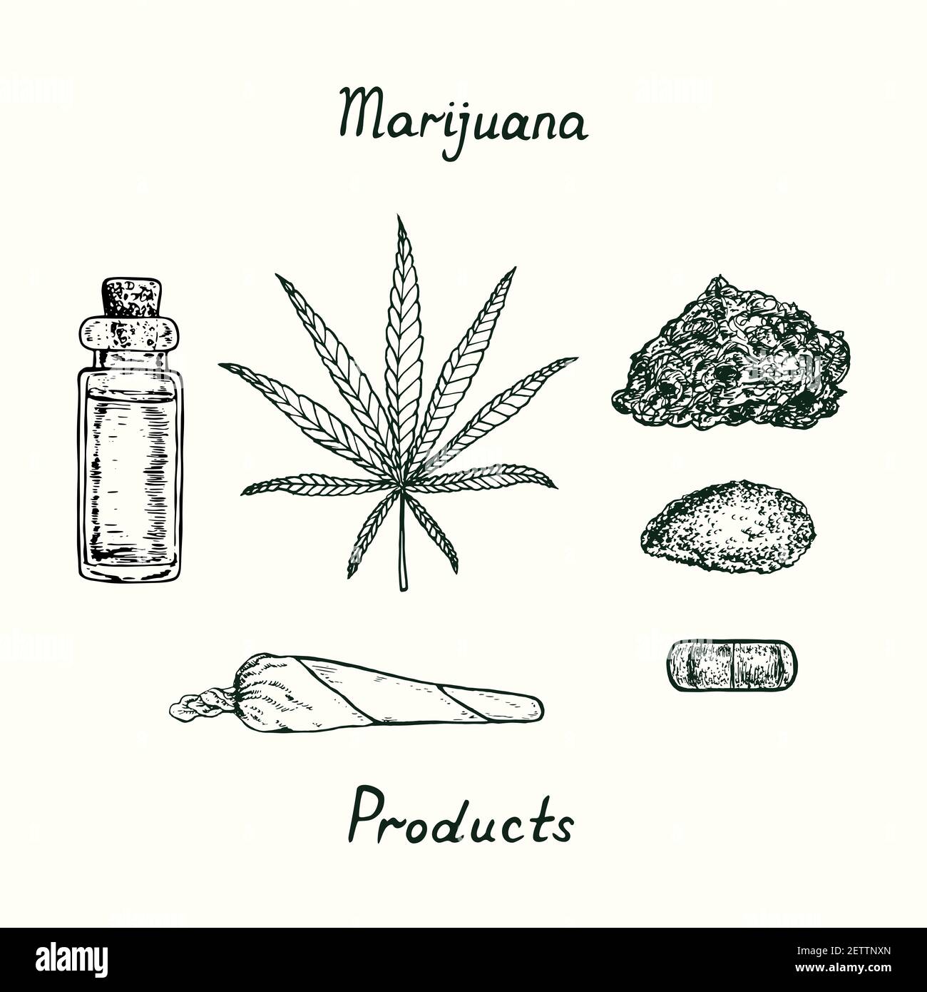 Flasche mit ätherischem Öl, Sativa-Cannabisblatt isoliert, Gelenk, Dope, gepulvertes Unkraut (Cannabispulver), THC-Pille, Marihuanaprodukte, Umriss einfach Stockfoto