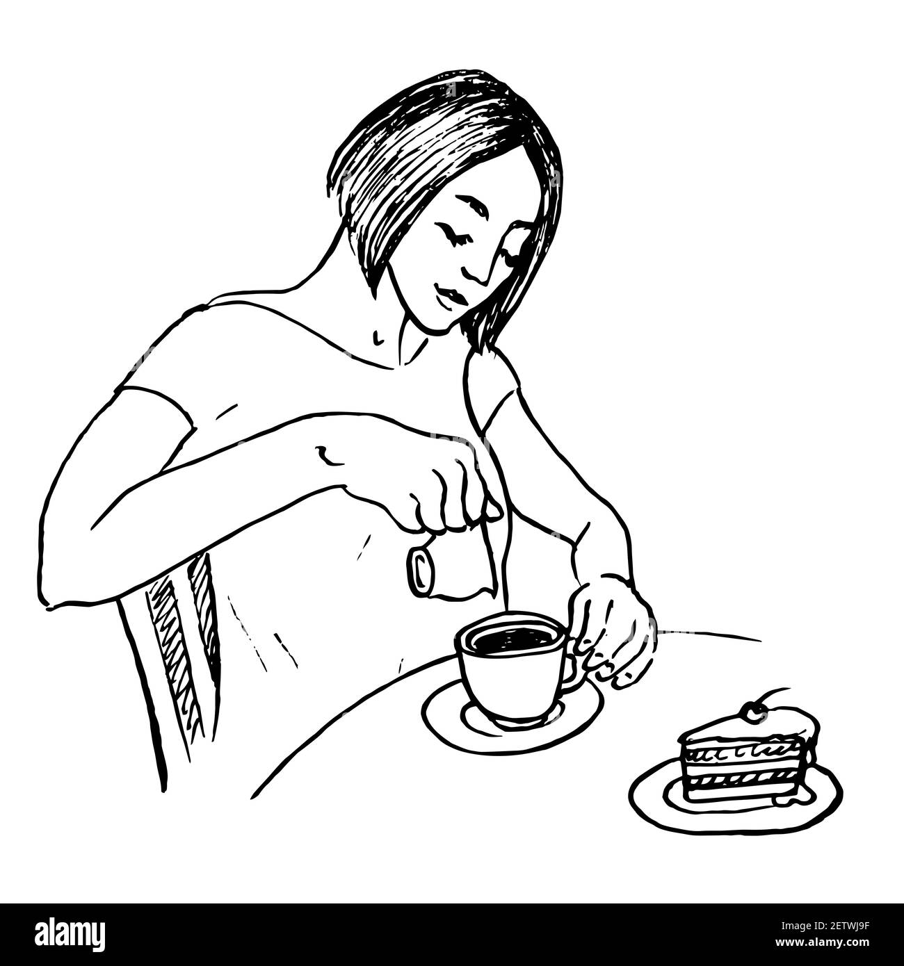 Frau gießt Rahm in Kaffee, ein Stück Kuchen mit Kirsche auf den Tisch, handgezeichneter Doodle, Skizze, schwarz-weiße Illustration Stockfoto