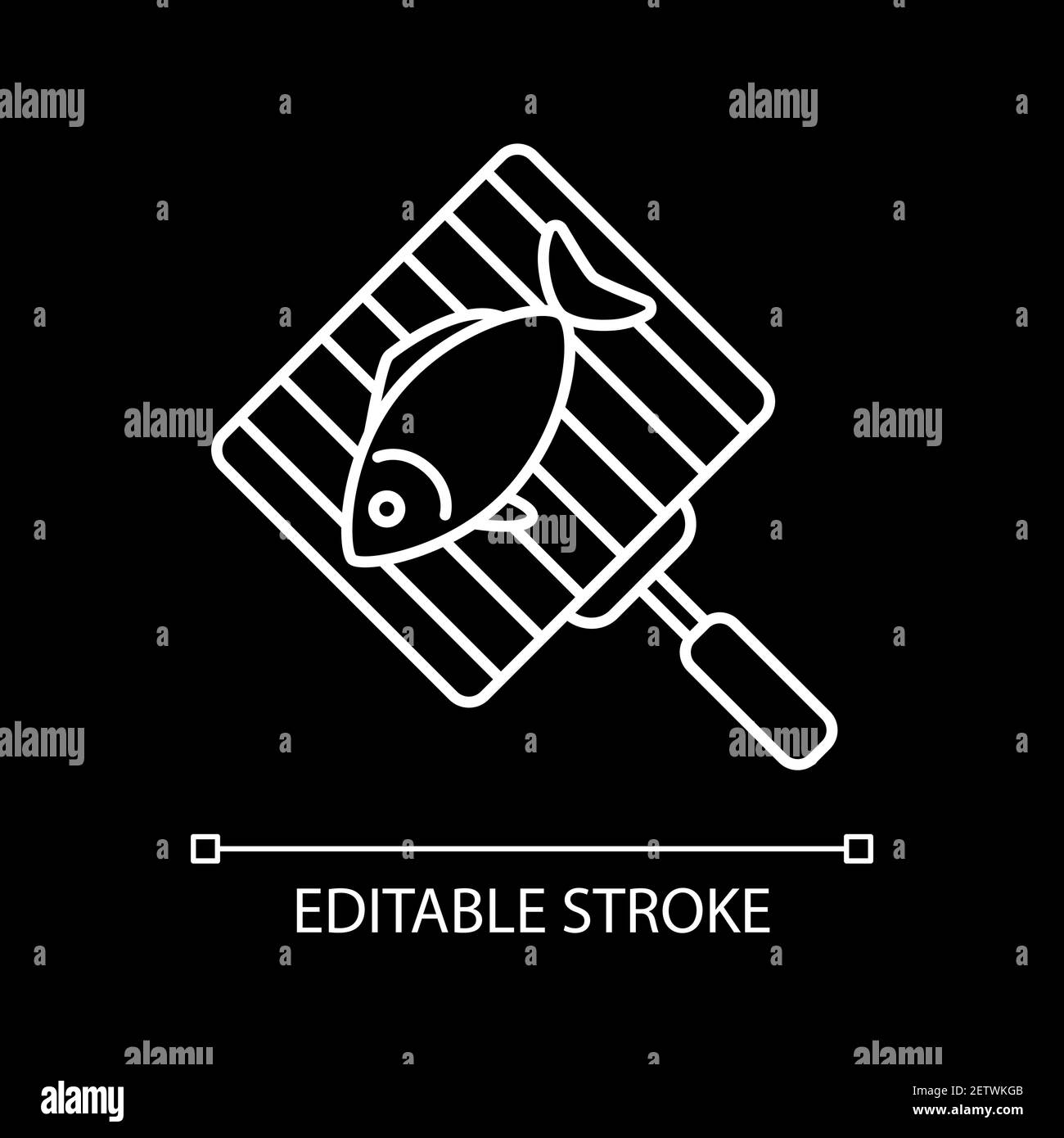 Fisch auf Grill Rost weiß lineare Symbol für dunkle Thema Stock Vektor