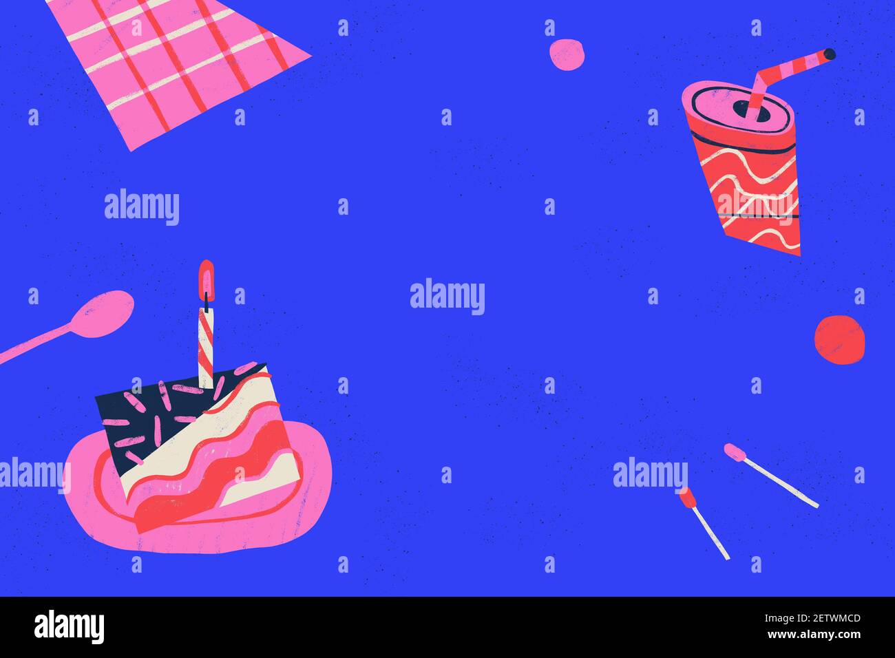 Tischdecke als Geburtstagsgeschenk mit Getränk und Essen. Happy Birthday Konzept für Werbung, Banner und E-Mail Marketing Kampagnen. Stockfoto