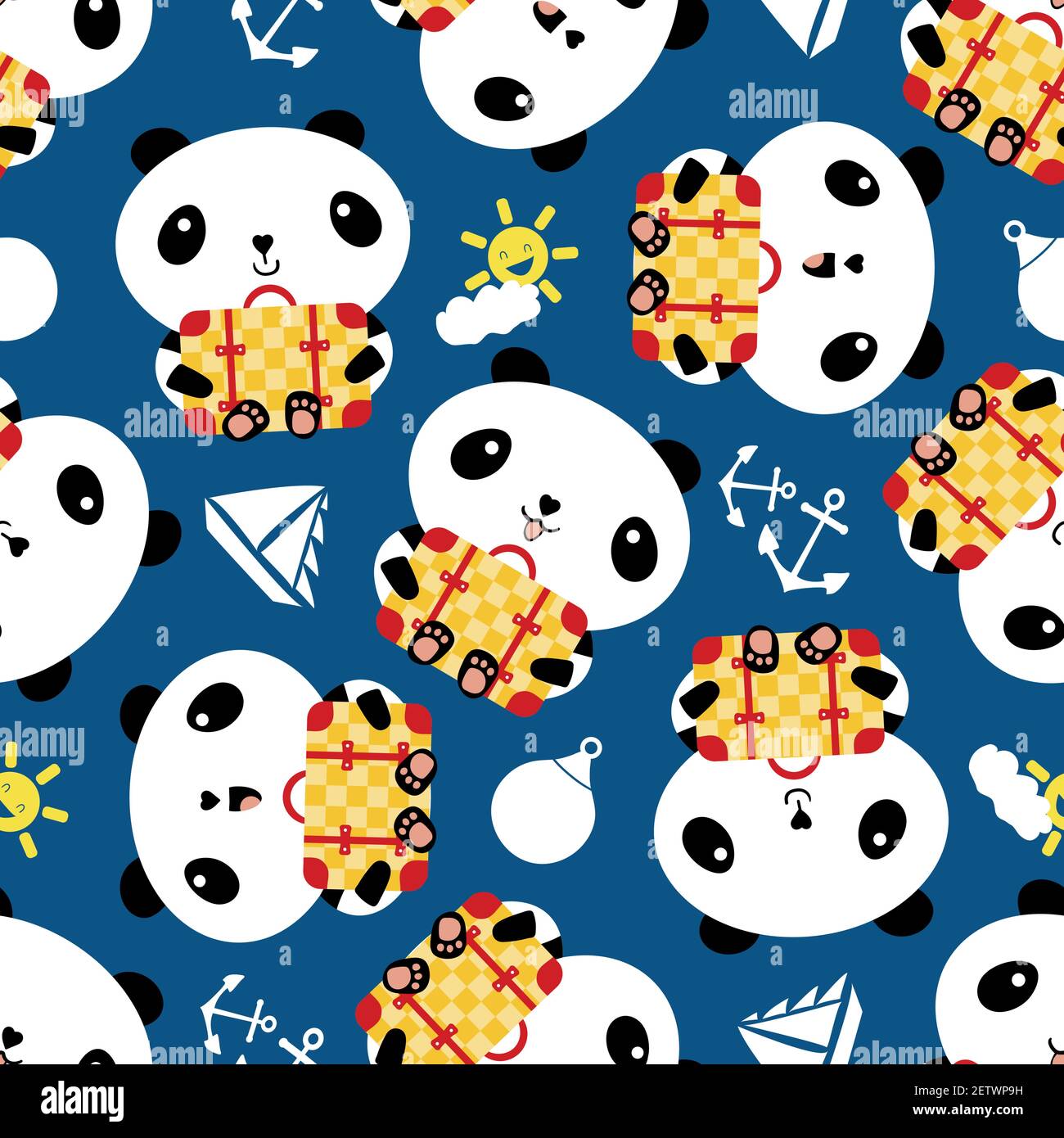Süßer Kawaii Panda mit Koffern, Ankern und Booten. Nahtloser Hintergrund für Vektormuster. Cartoon Bären halten Reisegepäck mit Segelwerkzeugen und Stock Vektor