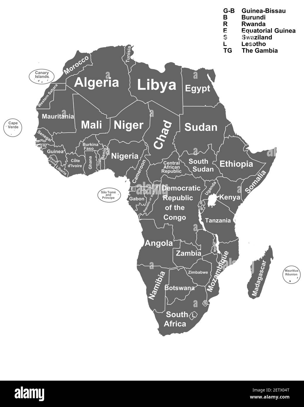 Karte von Afrika mit allen Ländern und Regionen Stockfoto