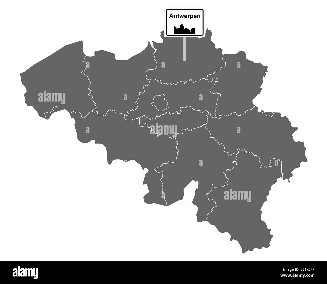 Karte von Belgien mit Straßenschild Antwerpen Stockfoto