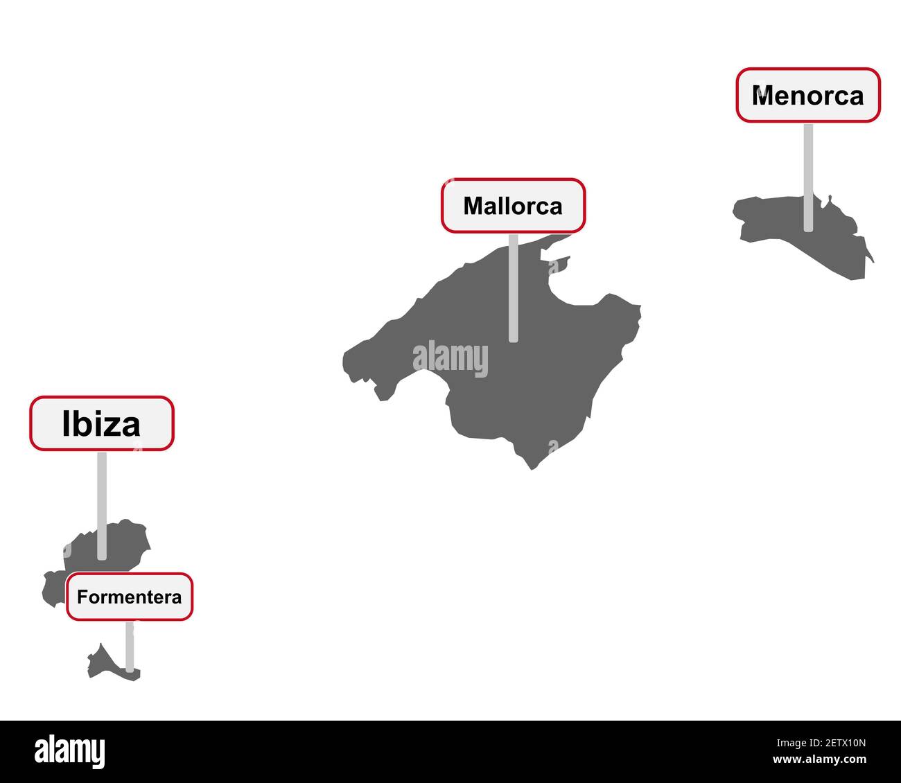 Ortsschilder und Karte der Balearen Stockfoto