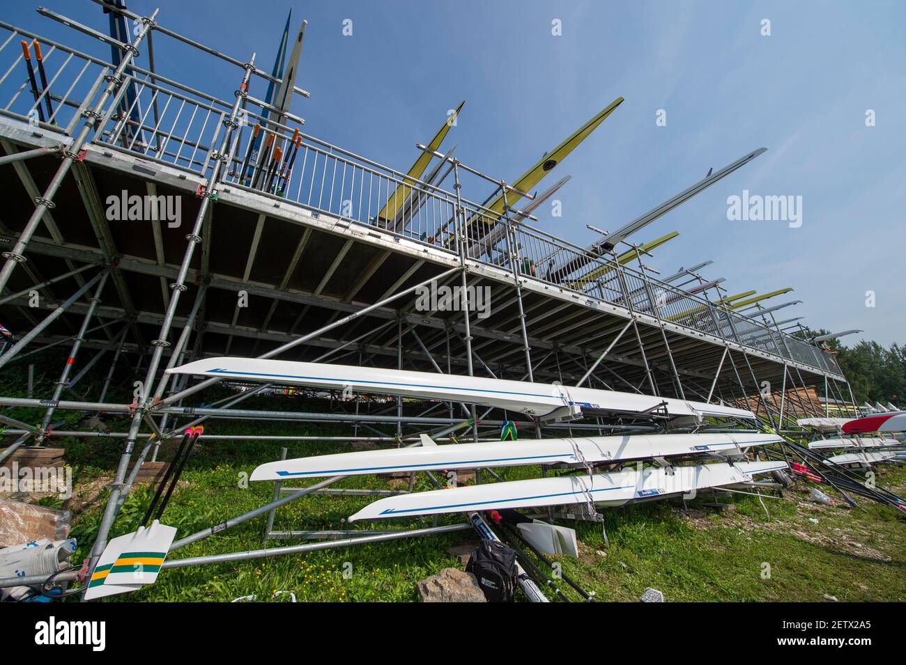 Linz, Österreich, Samstag, 24th. Aug 2019, FISA Ruderweltmeisterschaft, Regatta, Allgemeine Ansichten, des Bootsparks und der Bootspontons, [Pflichtnachweis; Peter SPURRIER/Intersport Images] Stockfoto