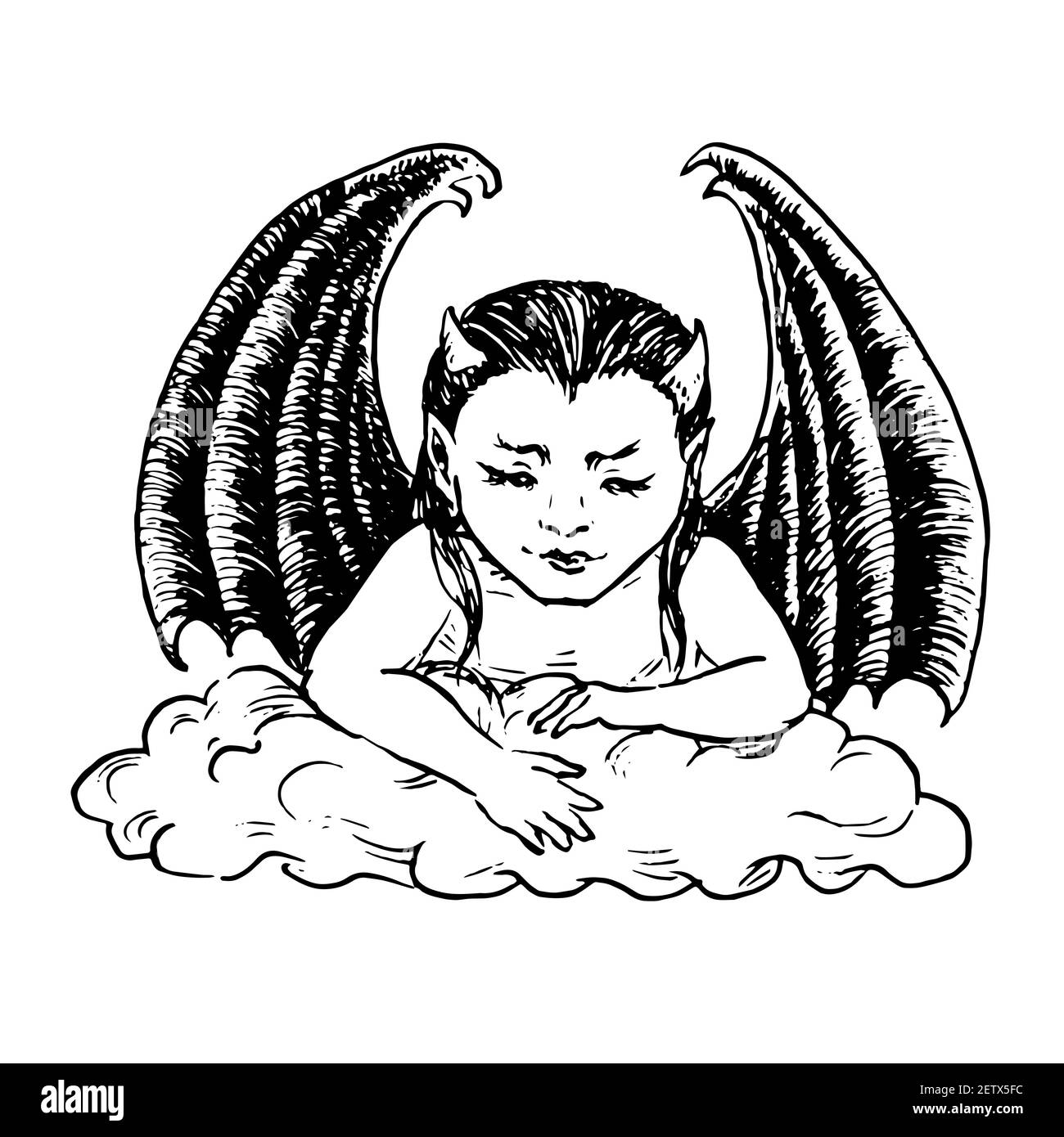Kleiner niedlicher Teufel Baby sittingon Wolke und Blick nach unten, Vorderansicht, schwarze Flügel, Doodle Zeichnung, Holzschnitt-Stil Stockfoto