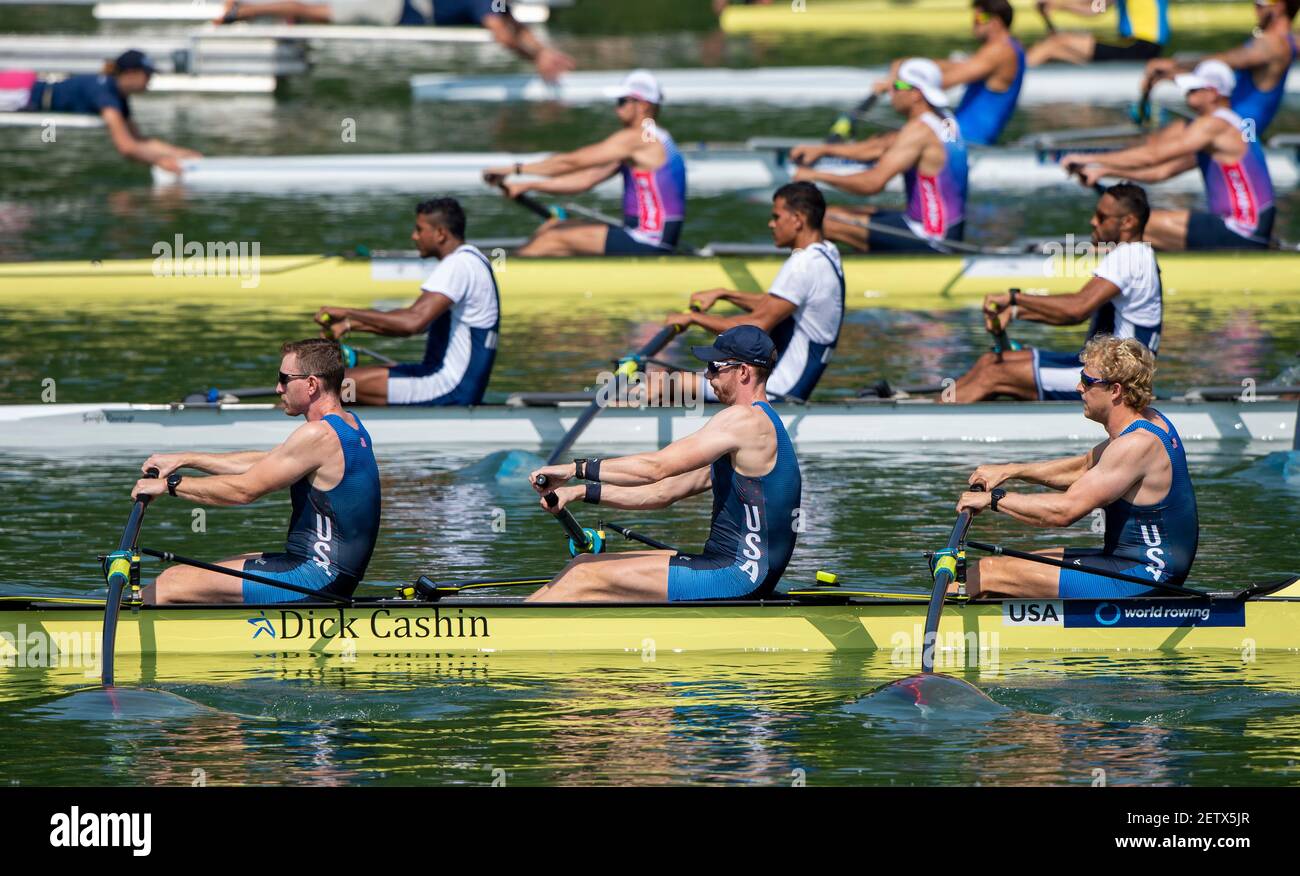 Linz, Österreich, Sonntag, 25th. Aug 2019, FISA Ruderweltmeisterschaft, Regatta, USA M4-, Bow Thomas PESZEK, Thomas DETHLEFS, Thomas, Andrew REED, Clark DEAN [Pflichtnachweis; Peter SPURRIER/Intersport Images] 12:01:25 25.08.19 Stockfoto