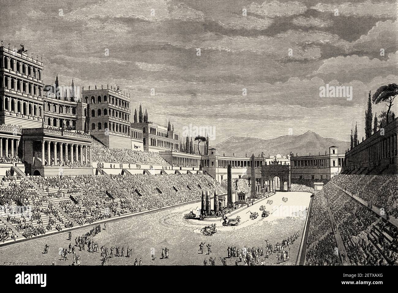 Gravur mit Darstellung des Circus Maximus und der Kaiserpaläste, antikes römisches Reich. Italien, Europa. Alte 19th Jahrhundert gravierte Illustration, El Mundo Ilustrado 1881 Stockfoto