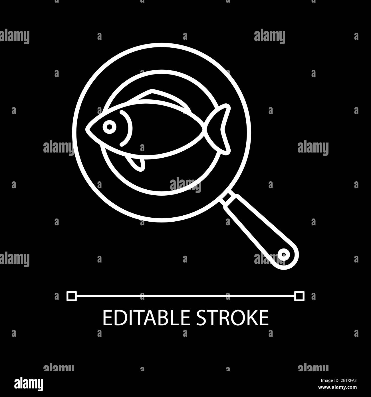 Fisch auf Bratpfanne weiße lineare Symbol für dunkles Thema Stock Vektor