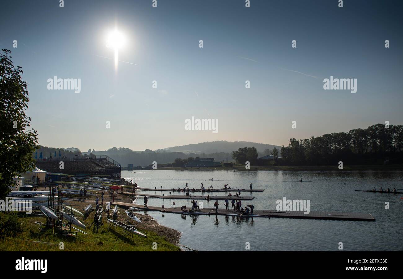 Linz, Österreich, Samstag, 31st. Aug 2019, FISA-Ruderweltmeisterschaft, Boat Park Area, [Pflichtnachweis; Peter SPURRIER/Intersport Images] 08:38:05 31.08.19 Stockfoto