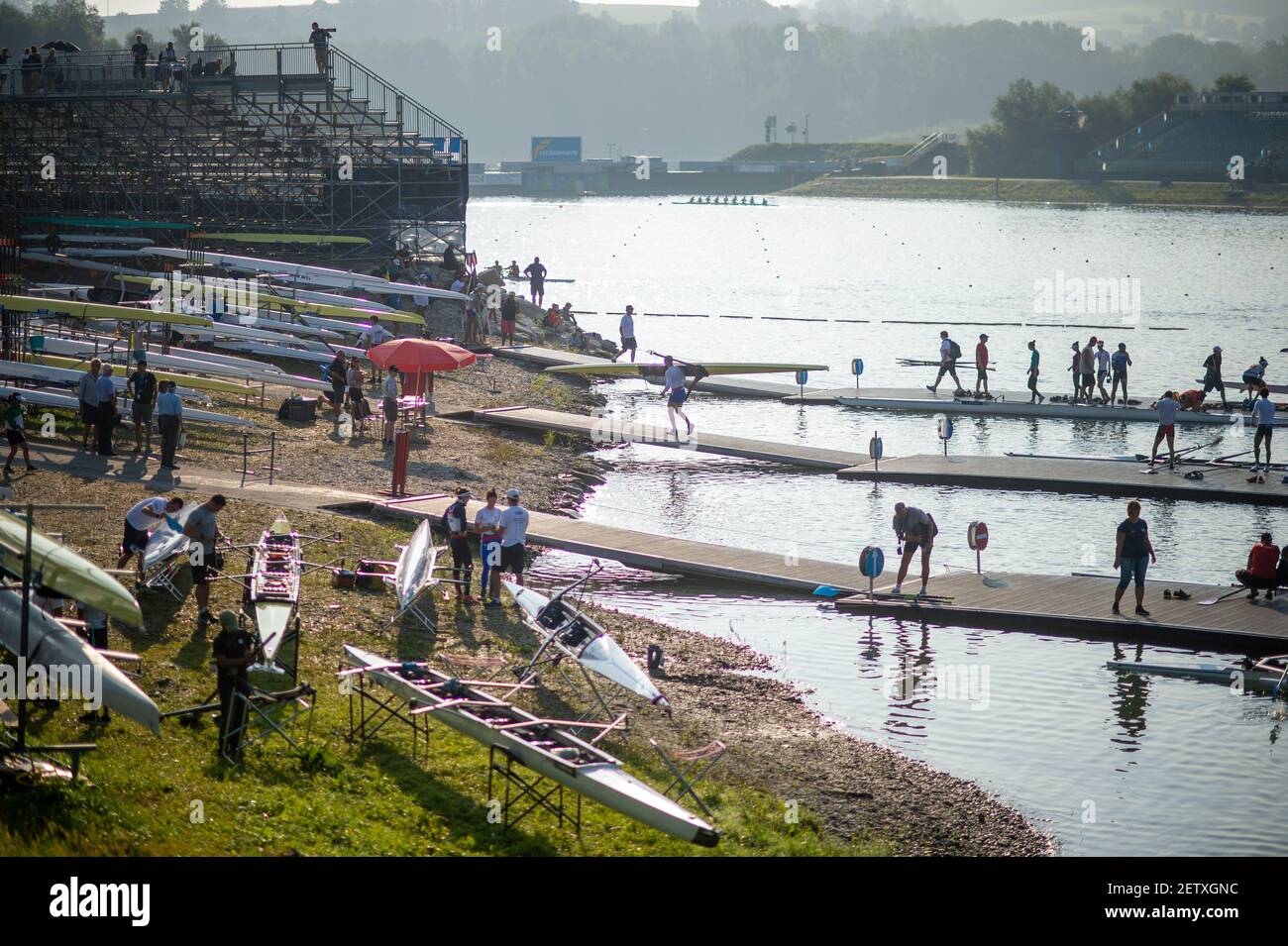 Linz, Österreich, Samstag, 31st. Aug 2019, FISA-Ruderweltmeisterschaft, Boat Park Area, [Pflichtnachweis; Peter SPURRIER/Intersport Images] 08:33:33 31.08.19 Stockfoto