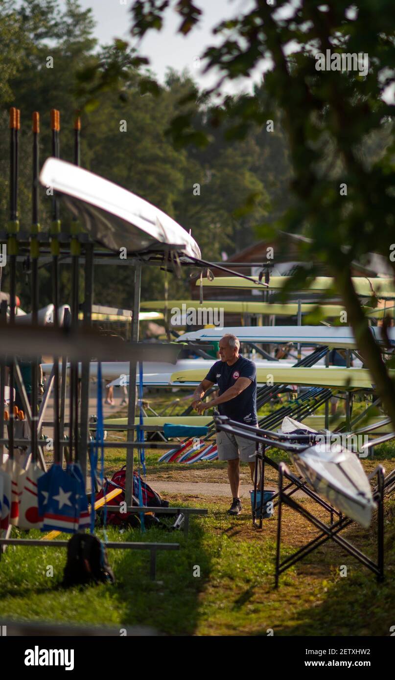 Linz, Österreich, Samstag, 31st. Aug 2019, FISA-Ruderweltmeisterschaft, Boat Park Area, [Pflichtnachweis; Peter SPURRIER/Intersport Images] 08:40:00 31.08.19 Stockfoto