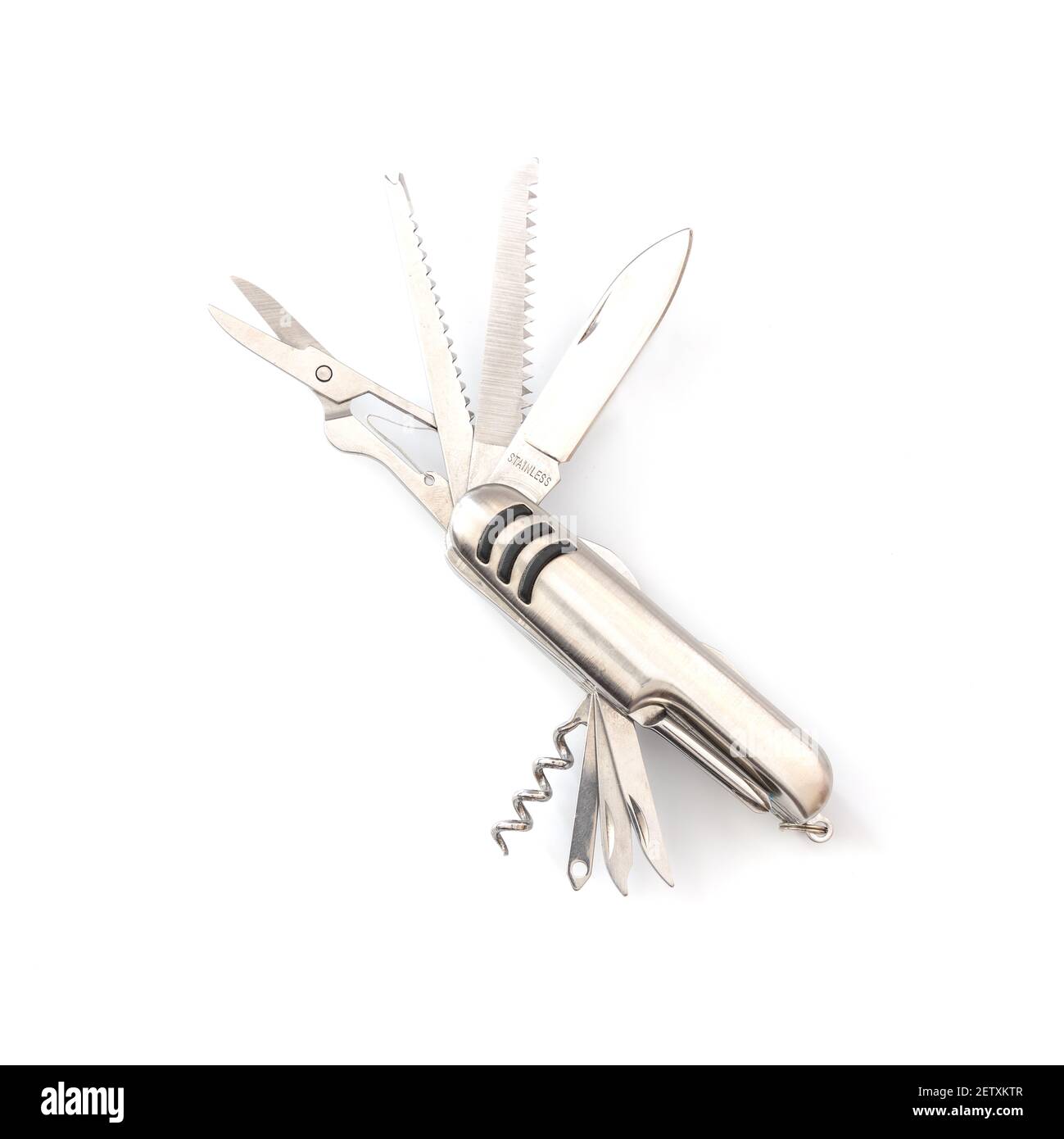 Silberne Tasche, Multifunktions-schweizer Armee Taschenmesser Werkzeug auf  weißem Hintergrund, Camping-Tools, close-up Stockfotografie - Alamy