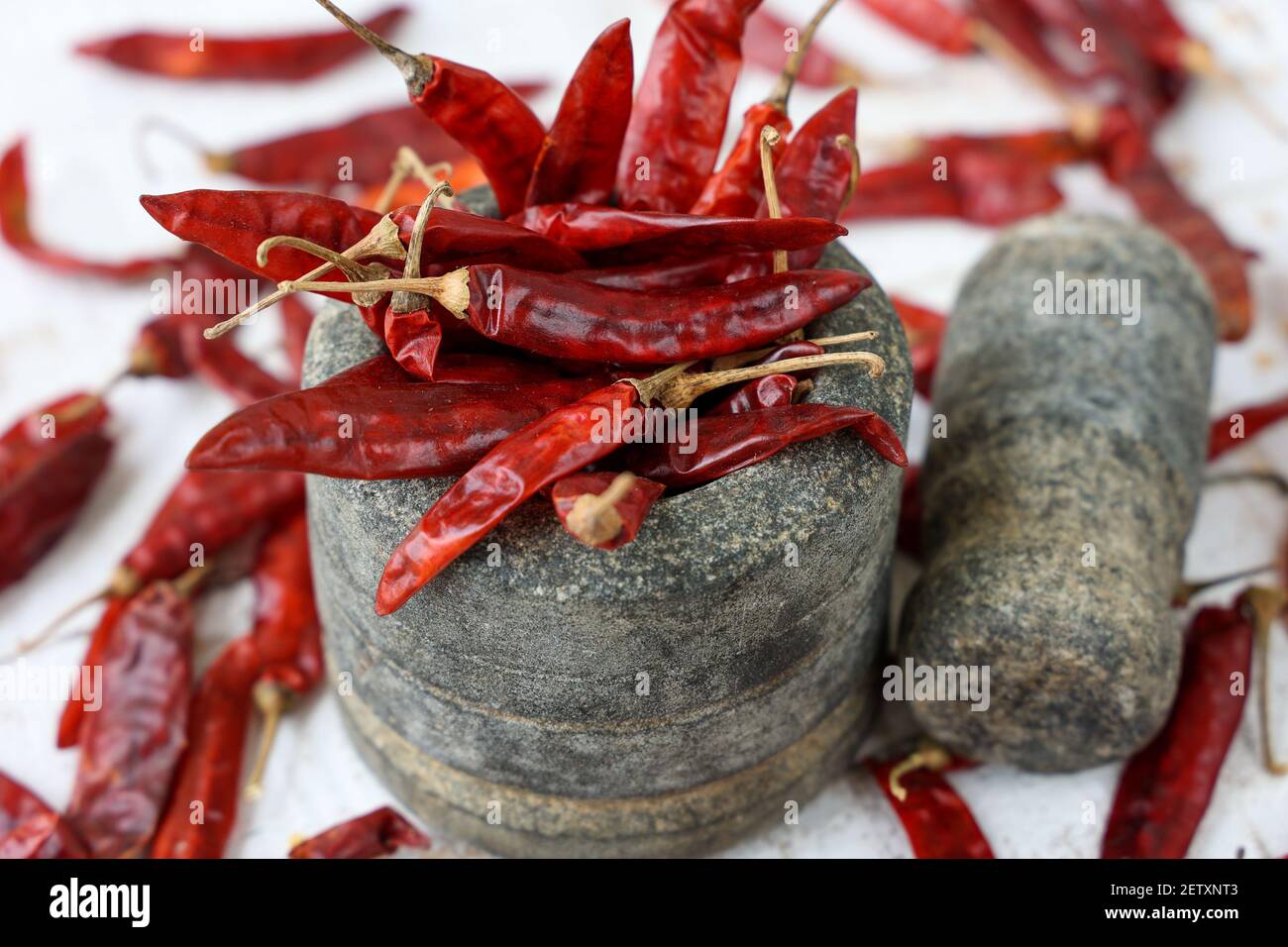 Indische Frau Handpudering indische Gewürze Red Chilly, Chili Paprika Pulver Spritz Explosion mit Steinmörtel indische Küche Kerala Indien Sri Lanka Stockfoto
