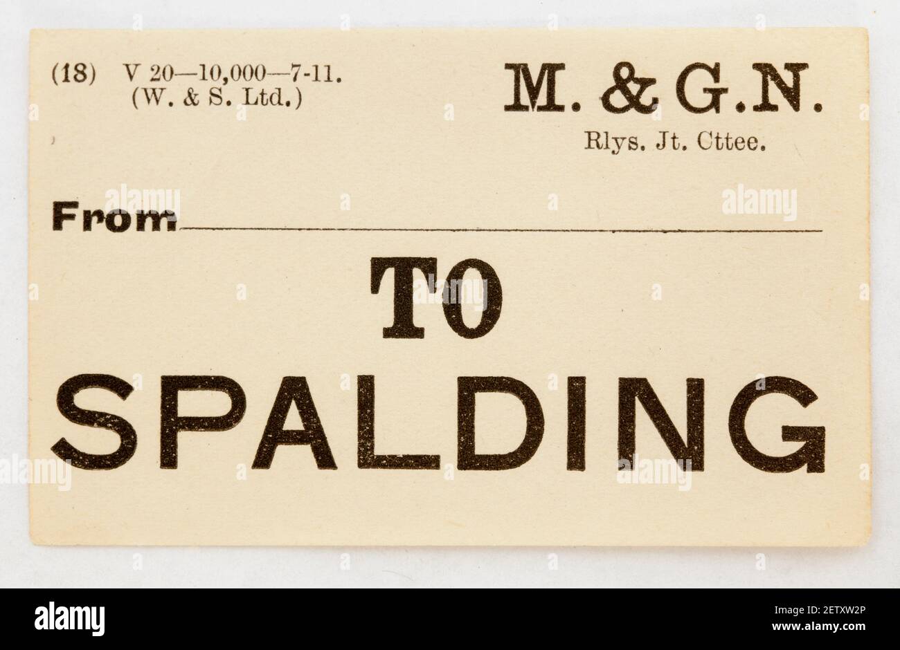 Alte Eisenbahn bedrucktes Papier Gepäcketikett Spalding Stockfoto