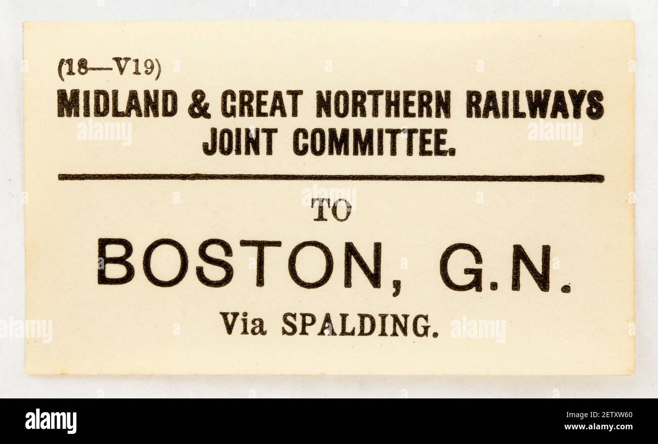 Old Railway Printed Papier Gepäcketikett nach Boston Stockfoto