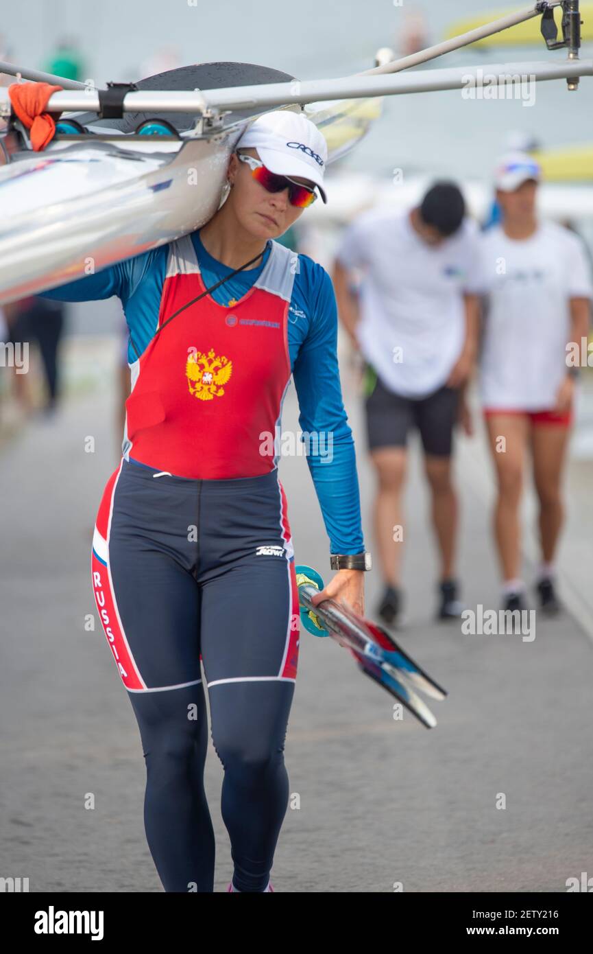 Linz, Österreich, Donnerstag, 29th. Aug 2019, FISA World Ruder Championship, Regatta, Boat Park Area, [Pflichtnachweis; Peter SPURRIER/Intersport Images] 07:56:21 29.08.19 Stockfoto