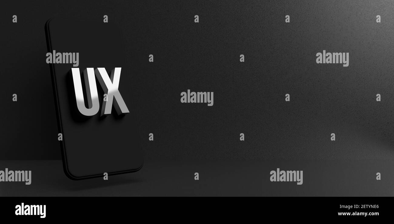 Mobile Technologie, Online-Handel und Banking-Konzept: User Experience, UX, in weißen Buchstaben. Interaktion mit Produkten des Unternehmens. 3D schwarz gerendert Stockfoto