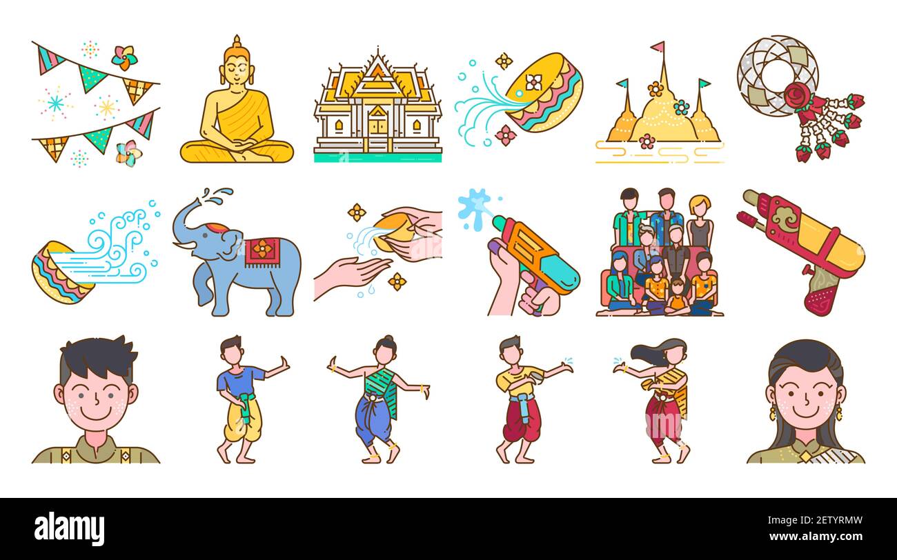 Songkran thailand Festival farbige Linie Symbol Set Thai Wasser spritzt festlichen Tag, thai Tanz traditionell und kulturell. Bunte Vektor und illustrative Stock Vektor