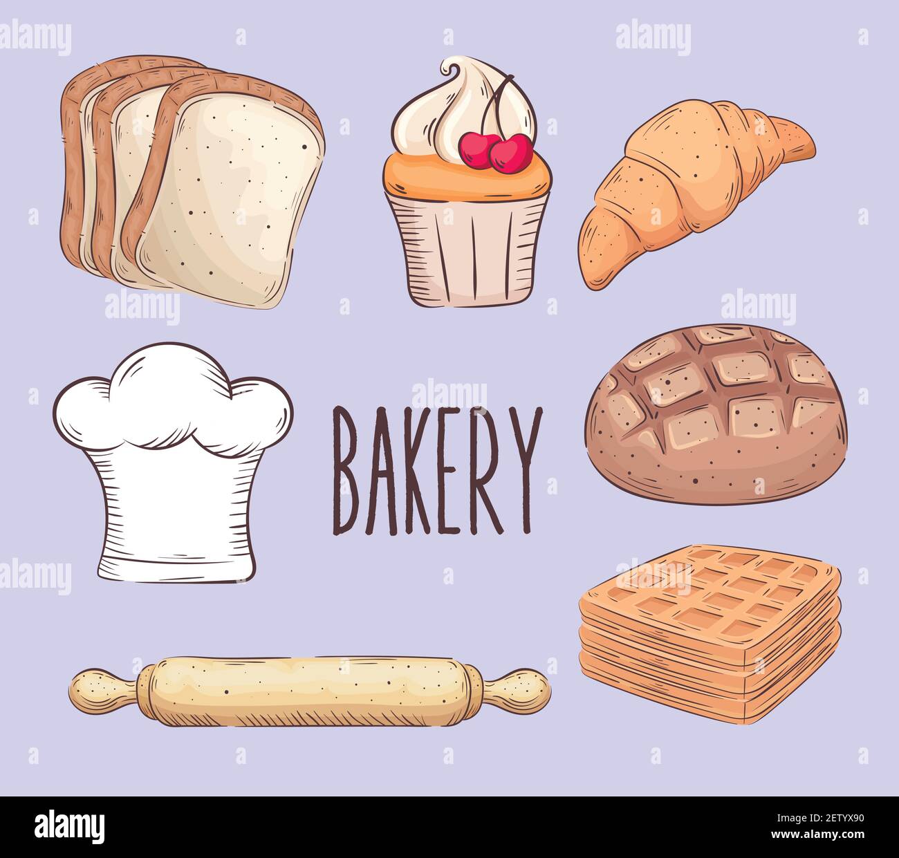 Bäckereihandschrift mit sieben Set-Icons Stock Vektor