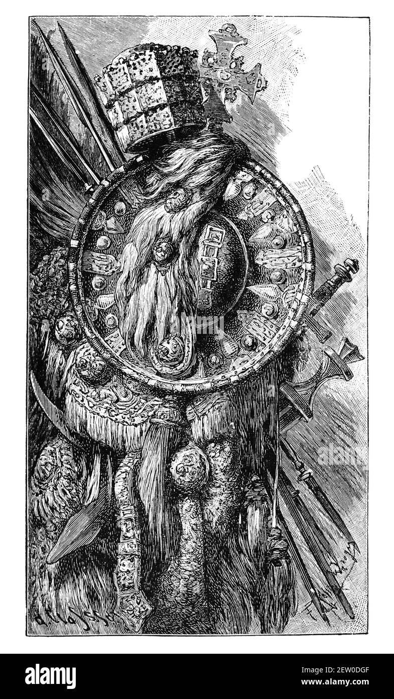 Krone, Waffen und Schild des Königs Tewodros von Äthiopien. Kultur und Geschichte Ostafrikas. Vintage antike Schwarz-Weiß-Illustration. 19th Jahrhundert. Stockfoto