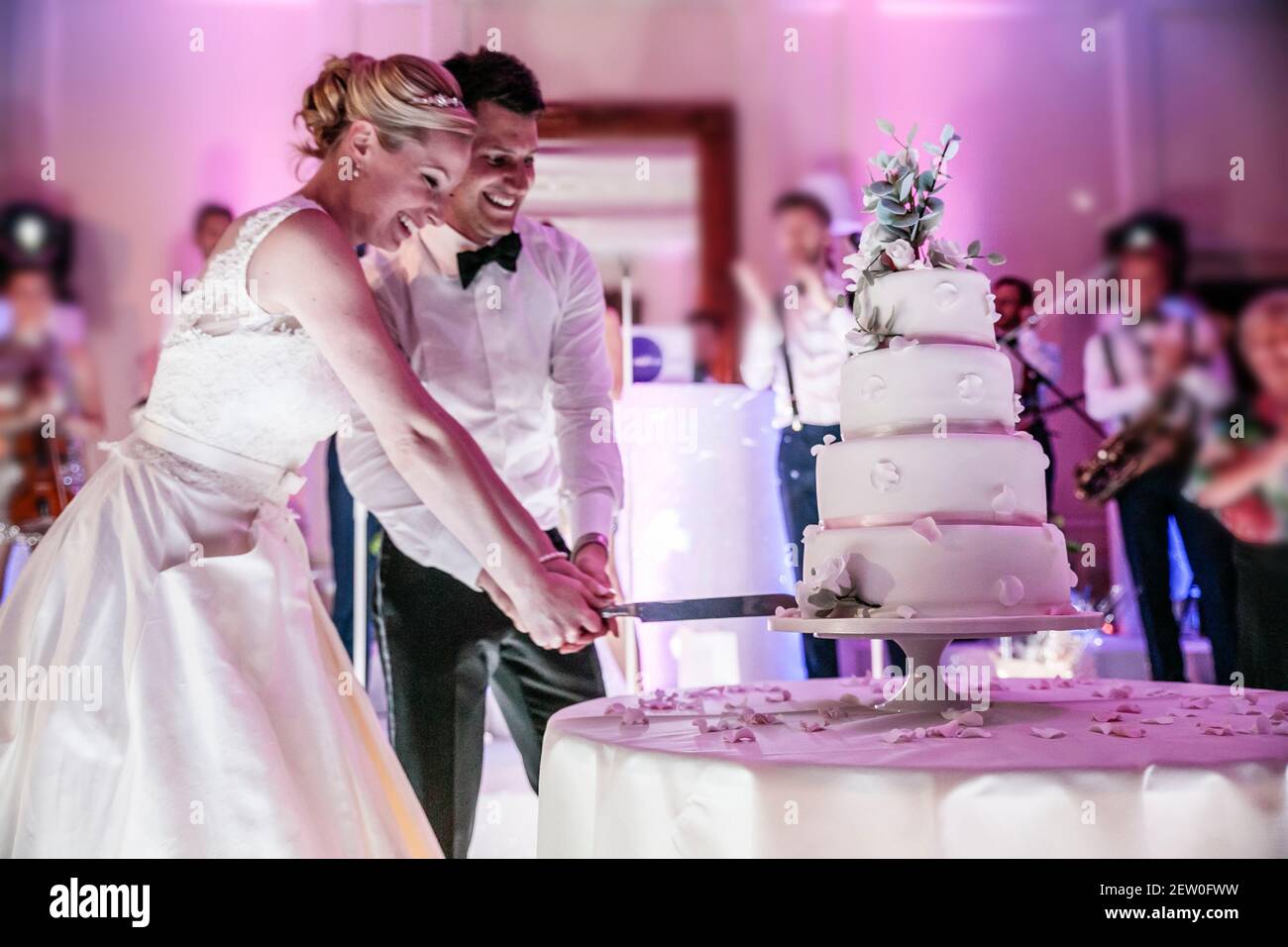 Braut und Bräutigam schneiden die Hochzeitstorte Stockfoto