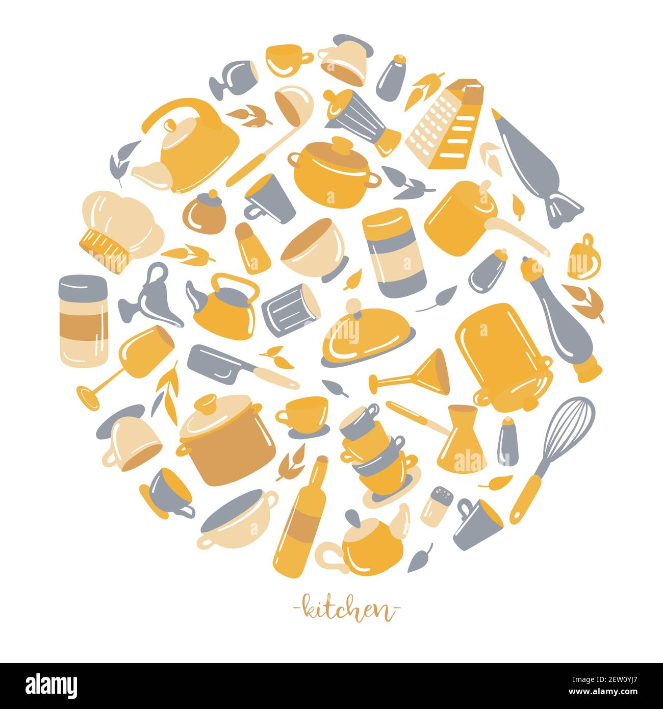 Küchenutensilien Set. Geschirr, Kochgeschirr, Küchengeräte Sammlung. Moderne flache Icons Set, grafische Elemente, Objekte für Website, Web-Banner Stock Vektor