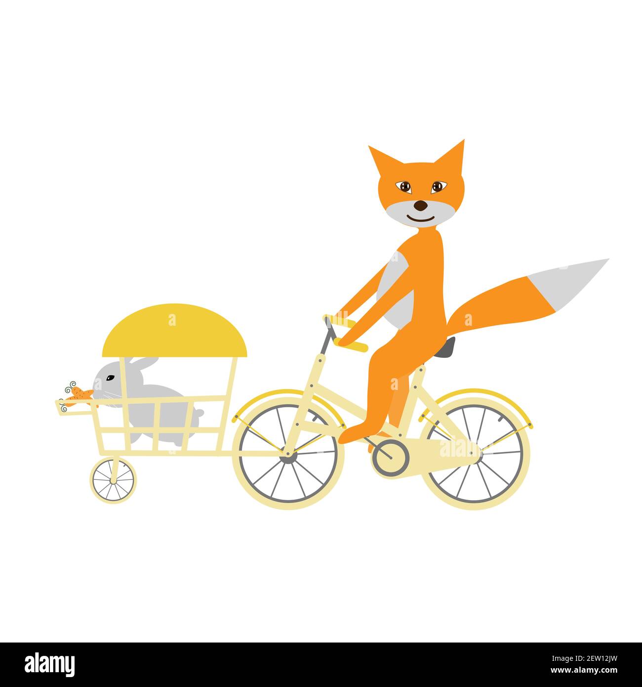 Der orangene Fuchs fährt ein Fahrrad und liefert Kaninchen. Vektorgrafik. Stock Vektor