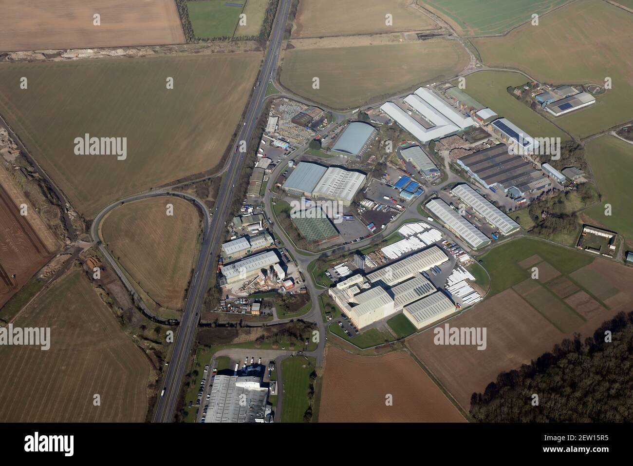Luftaufnahme eines Industriegebiets an der Pegasus Road in Elsham bei Brigg in Lincolnshire, Großbritannien Stockfoto
