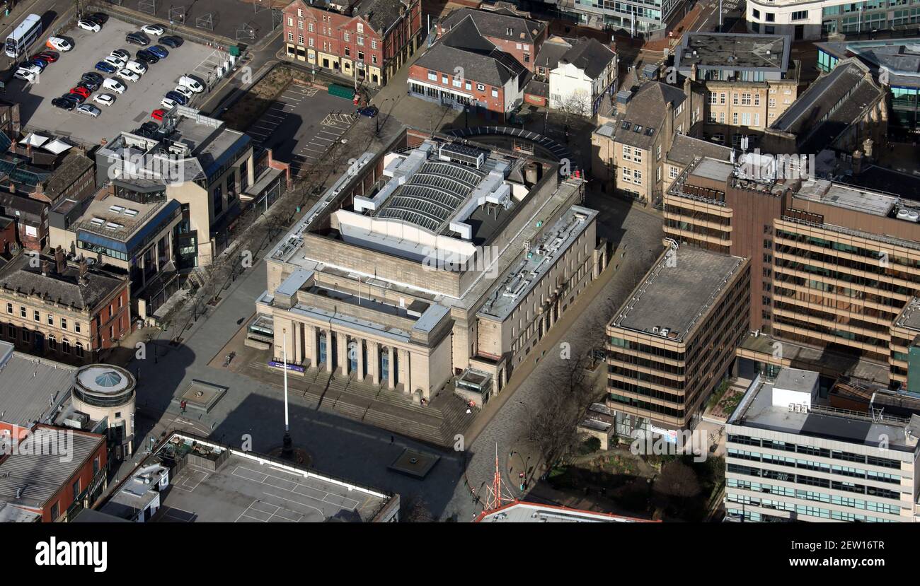 Luftaufnahme der Konzerthalle Sheffield City Hall, Sheffield, South Yorkshire Stockfoto