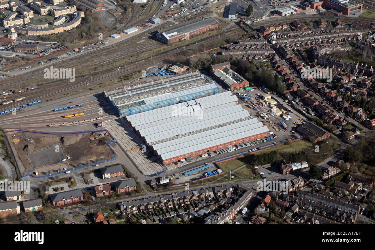 Luftaufnahme von Network Rail Holgate Depot, Stockfoto